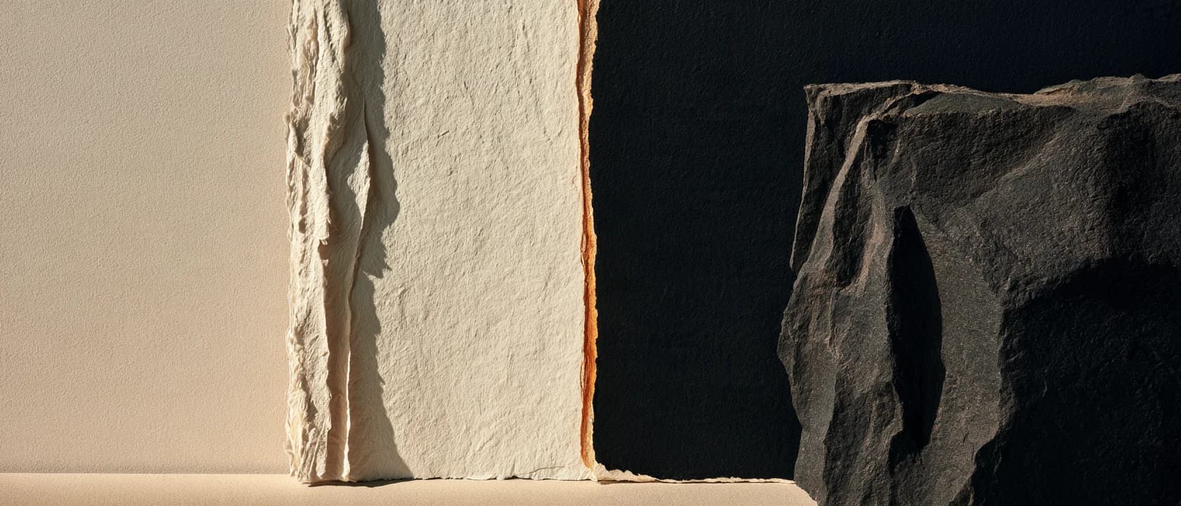 Abstract ivory paper and charcoal forms joined by a fine amber seam