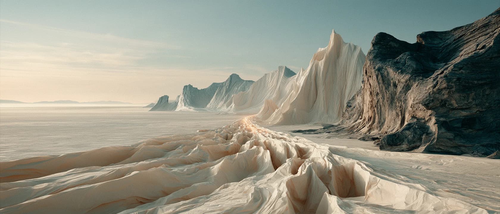A lit path through ivory paper ridges leads toward the horizon beside a charcoal cliff
